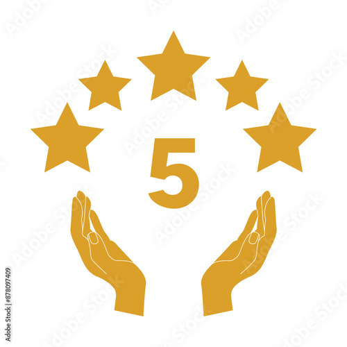 Five star rating, customer's positive review, highly rated feedback illustration with stars, hands, and number 5, vector