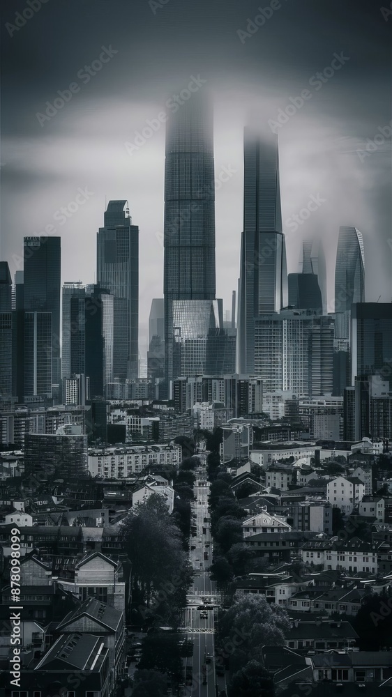Obraz premium City panorama with high-rises and down town with gloomy fog. Vertical monochrome image of futuristic architecture