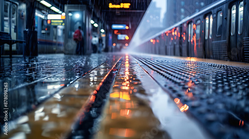 A breathtaking and detailed photo of a train station platform with rain pouring down and the distant lights of an approaching train. Generative AI illustration 