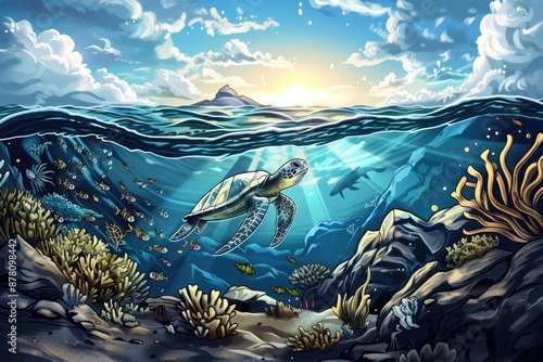 Colorful illustration of a green sea turtle swimming over a coral reef with a whale in the deep blue ocean photo