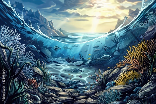 Colorful and diverse underwater scene with various types of fish, coral, and other sea life