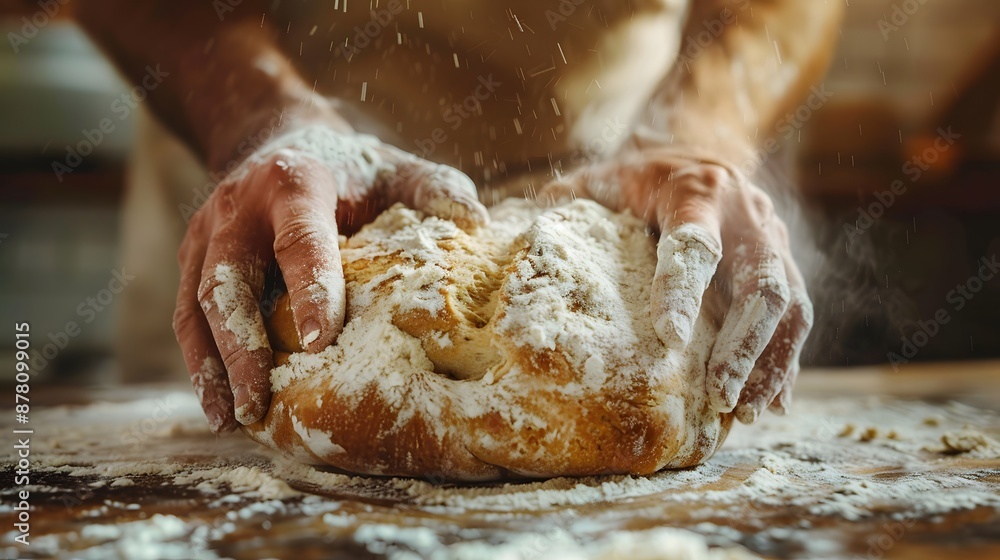 Baker Dusting Freshly Baked Bread with Flour. Baker Dusting Freshly Baked Bread with Flour.