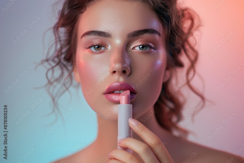 Close-up of a beautiful woman holding a nude pink lipstick with a focused expression. Close-up of a beautiful woman holding a nude pink lipstick with a focused expression.
