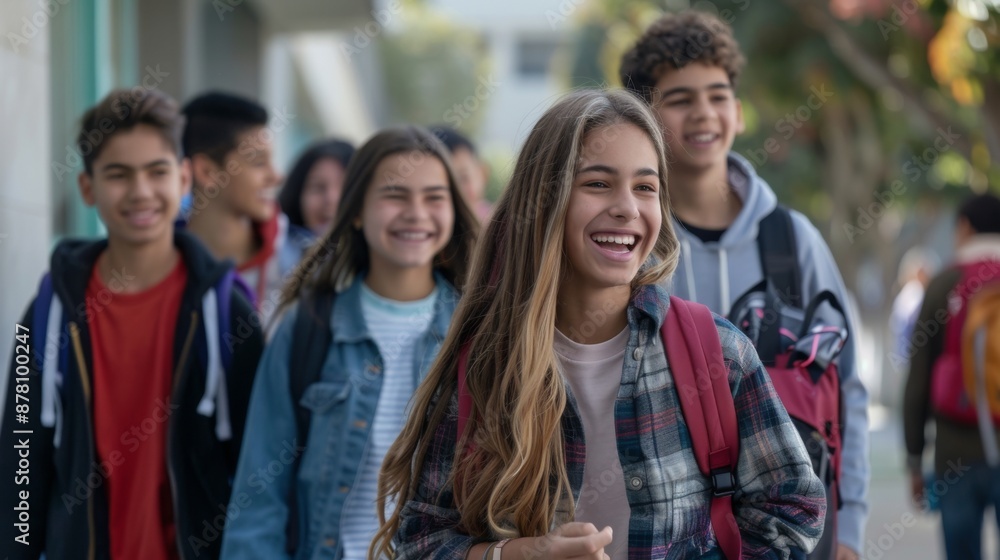 A group of young people are walking down the street, smiling and laughing A group of young people are walking down the street, smiling and laughing