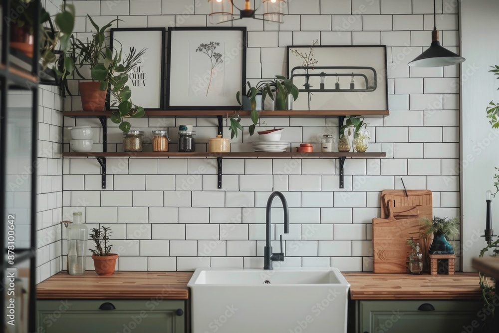 A kitchen with a white tile wall and a wooden countertop