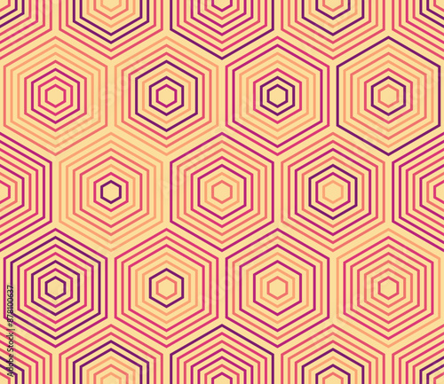 Abstract mosaic hexagon shapes background. Stacked hexagons mosaic pattern. Large hexagons. Multiple tones color palette. Seamless pattern. Tileable vector illustration.