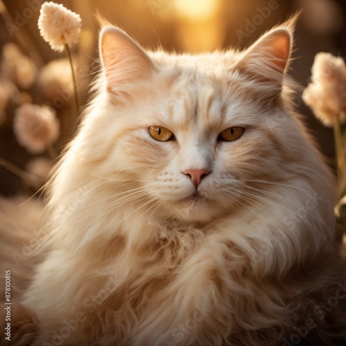Vibrant feline subject posed against a luminous, Soft, golden light dances across the cat's fluffy fur
