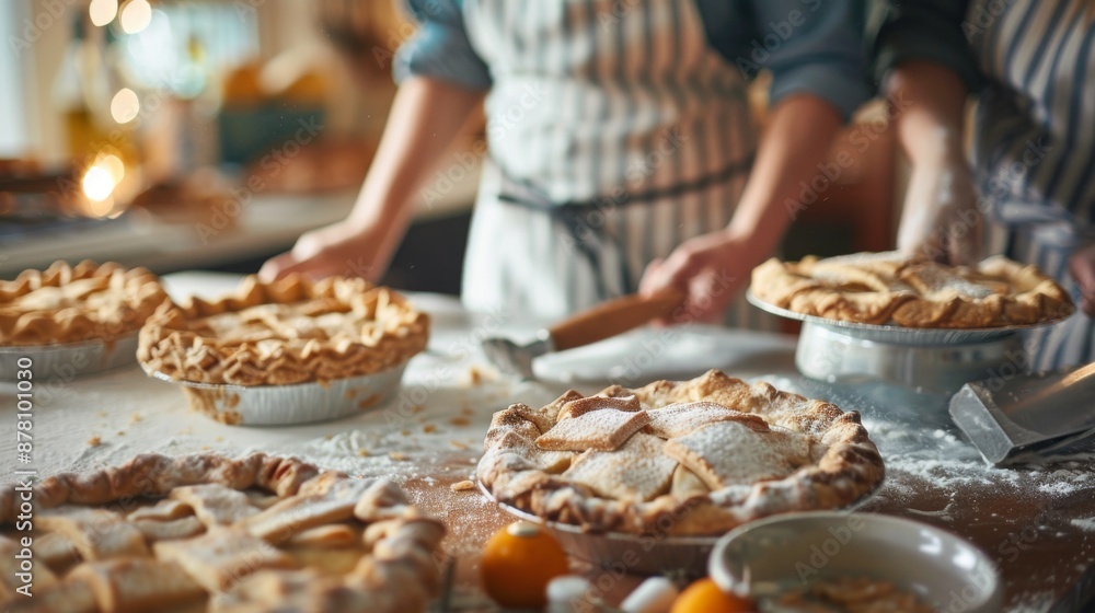 Naklejka premium A group of people are making pies in a kitchen
