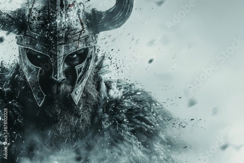 Watercolor portrait of intense bearded viking warrior in battle helmet on white background