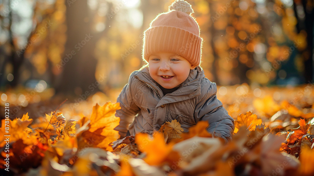 Joyful toddler playing in autumn leaves, Golden hour sunlight Joyful toddler playing in autumn leaves, Golden hour sunlight