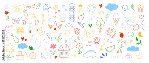 Children's drawings drawn in doodle style. Simple cute illustration isolated on white background.