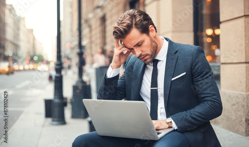 Worried male entrepreneur using laptop on street bench, displaying signs of stress with no office, urban setting. Displaced businessman coping with work challenges outside workspace © Celt Studio