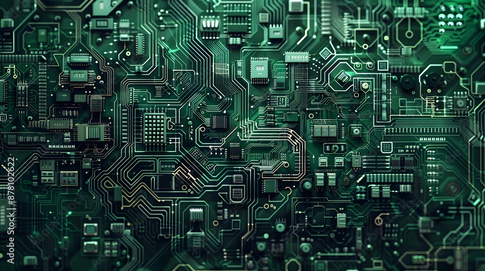 Futuristic Green and Black Circuit Board, High-Tech Electronic Background
Futuristic Green and Black Circuit Board, High-Tech Electronic Background