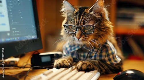 A cat wearing glasses and a shirt is working overtime to play on the computer