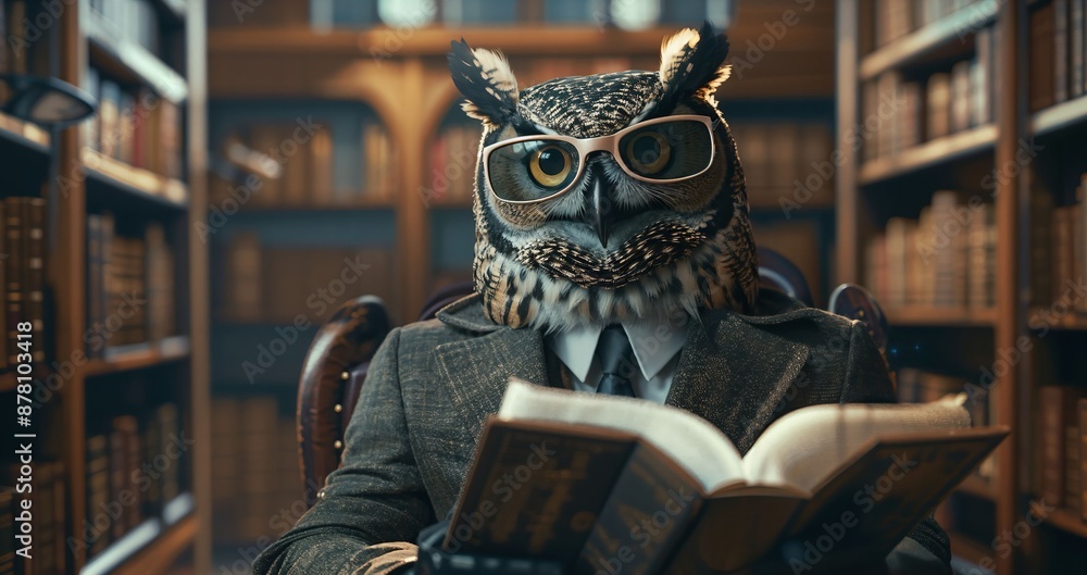 An owl wearing glasses and a suit, seated in a cozy, dimly-lit library, engrossed in reading a book. Shelves of books line the background, adding to the scholarly ambiance. An owl wearing glasses and a suit, seated in a cozy, dimly-lit library, engrossed in reading a book. Shelves of books line the background, adding to the scholarly ambiance.