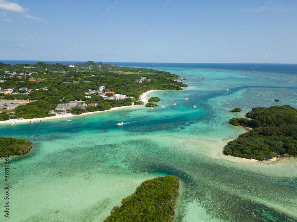 Okinawa, Japan: Aerial drone view of the stunning Kabira Bay landscape in ishigaki island in Okinawa in the Pacific ocean in Japan.
