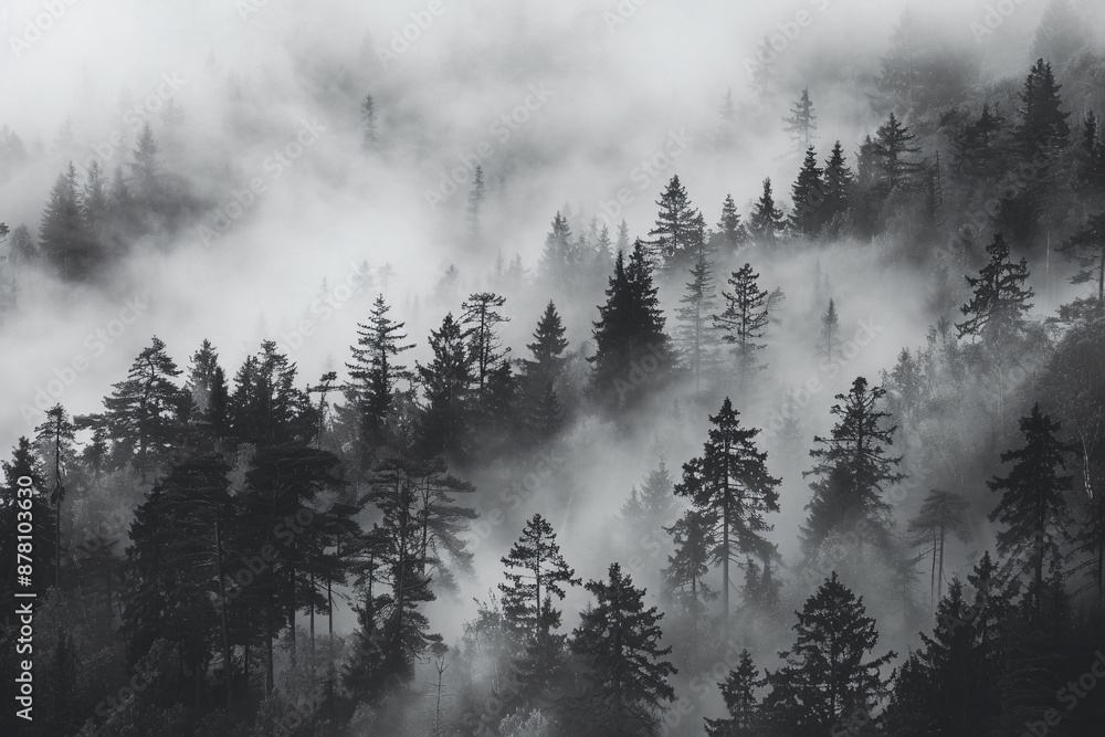 Black and white misty forest background with foggy trees. Abstract nature landscape. Black and White mist in the air over river or lake. Black, grey and white. Black and white misty forest background with foggy trees. Abstract nature landscape. Black and White mist in the air over river or lake. Black, grey and white.