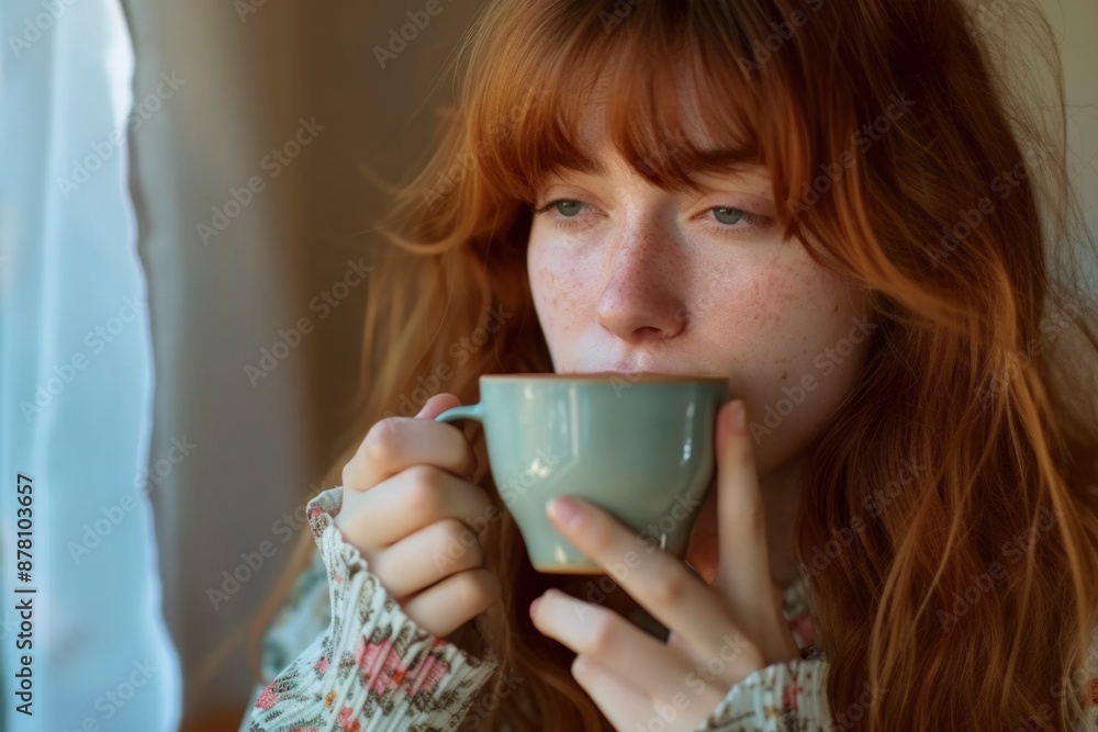 A young woman with long, red hair drinks from a blue cup while looking out a window. Soft, natural light illuminates her face. A young woman with long, red hair drinks from a blue cup while looking out a window. Soft, natural light illuminates her face.