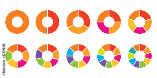 Set of infographic circle chart, pies segmented with equal parts,  Wheels divided in eleven sections. Circle section graph, Pie chart round. Loading bar set diagram multicolored collection.