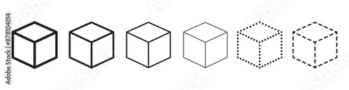 cube vector icon set, block, box or brick logo. Dotted, dashed, outline, solid isolated illustrations. Square three-dimensional frame.