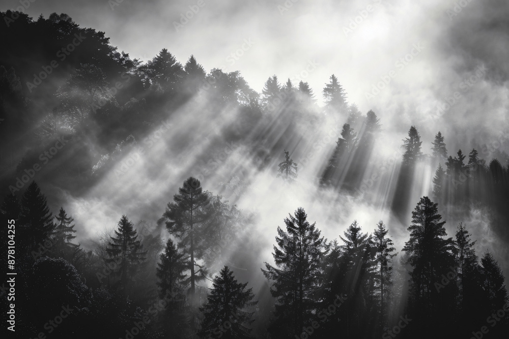 Fototapeta premium Black and white image of foggy forest, trees in misty river valley. A high contrast black and white photo of nature landscape with fog and sunlight rays through the tree branches.