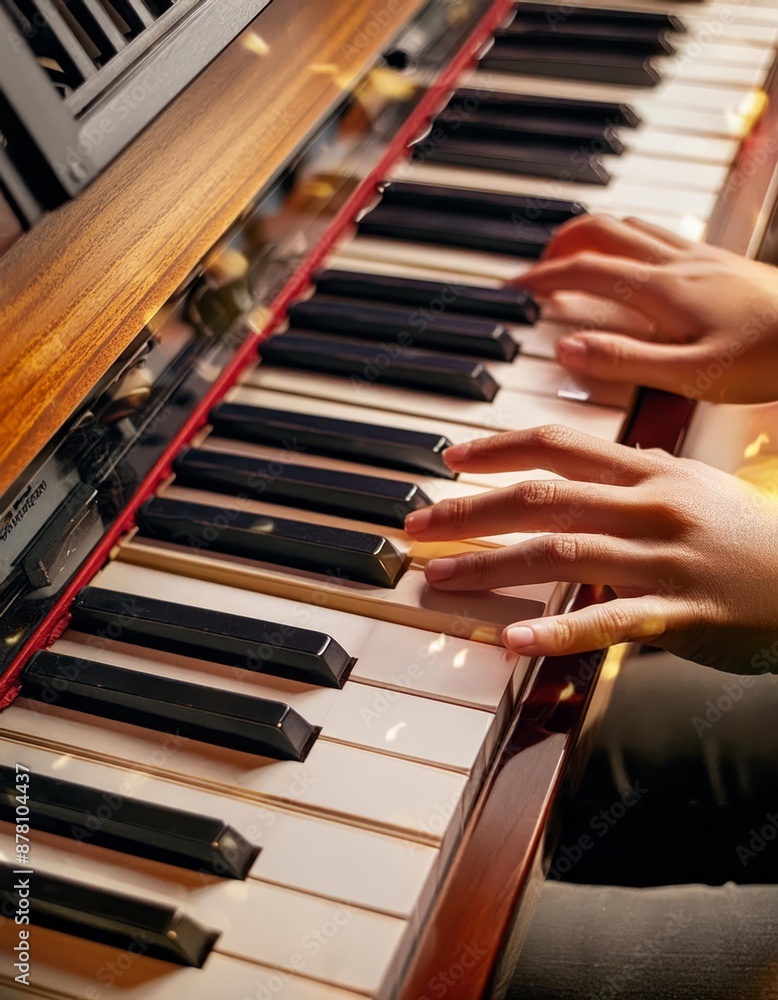Fototapeta premium Piano Player - Playing the Piano during Concert or Christmas - Romantic Playing of the Piano - Black Grand Piano during a Performance - Classical Instrument in a Orchestra - Closeup of the Player Hand