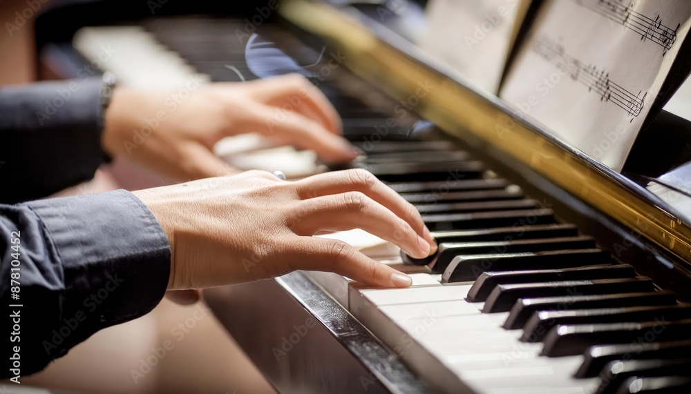 Obraz premium Piano Player - Playing the Piano during Concert or Christmas - Romantic Playing of the Piano - Black Grand Piano during a Performance - Classical Instrument in a Orchestra - Closeup of the Player Hand