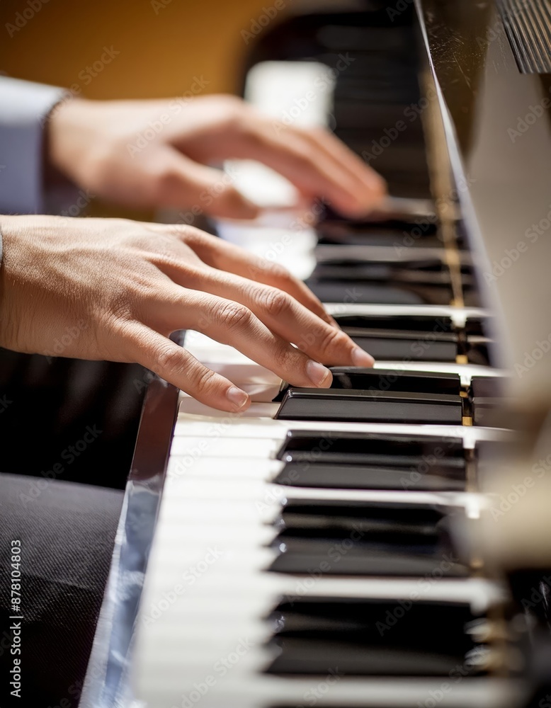 Obraz premium Piano Player - Playing the Piano during Concert or Christmas - Romantic Playing of the Piano - Black Grand Piano during a Performance - Classical Instrument in a Orchestra - Closeup of the Player Hand