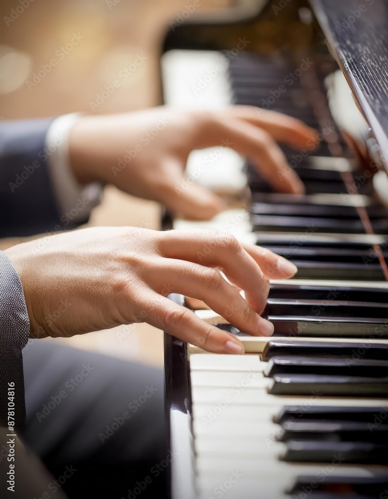 Fototapeta premium Piano Player - Playing the Piano during Concert or Christmas - Romantic Playing of the Piano - Black Grand Piano during a Performance - Classical Instrument in a Orchestra - Closeup of the Player Hand