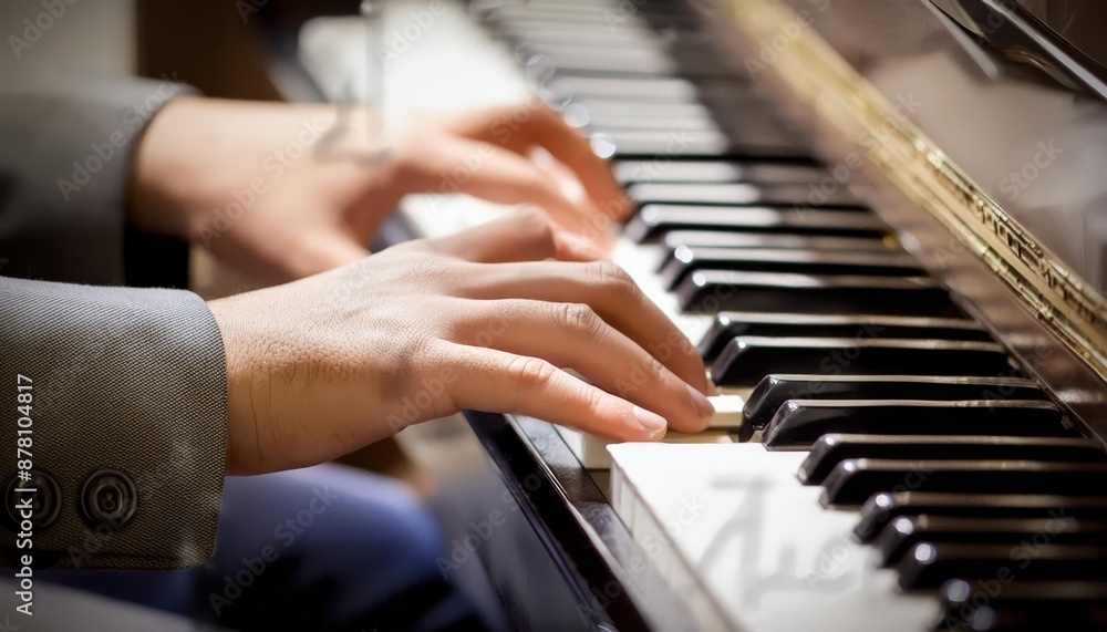 Fototapeta premium Piano Player - Playing the Piano during Concert or Christmas - Romantic Playing of the Piano - Black Grand Piano during a Performance - Classical Instrument in a Orchestra - Closeup of the Player Hand