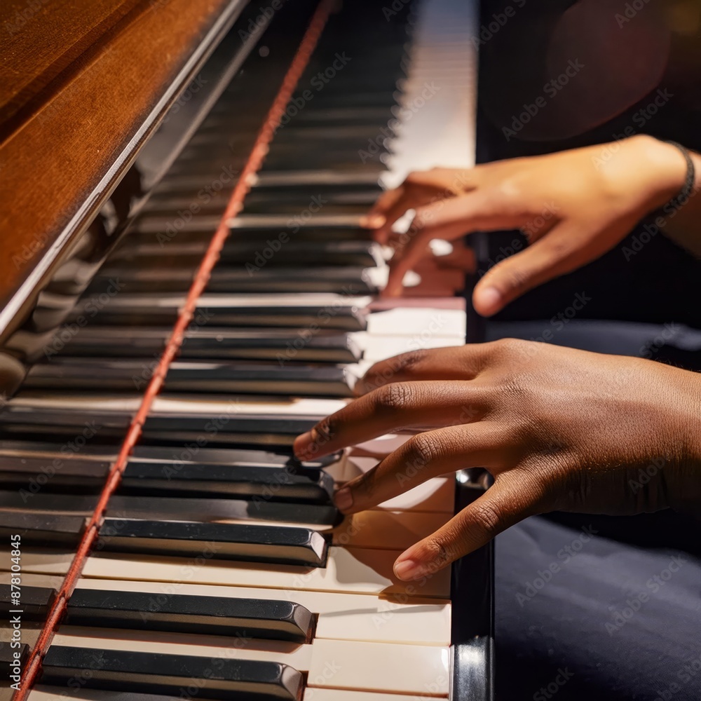 Obraz premium Piano Player - Playing the Piano during Concert or Christmas - Romantic Playing of the Piano - Black Grand Piano during a Performance - Classical Instrument in a Orchestra - Closeup of the Player Hand