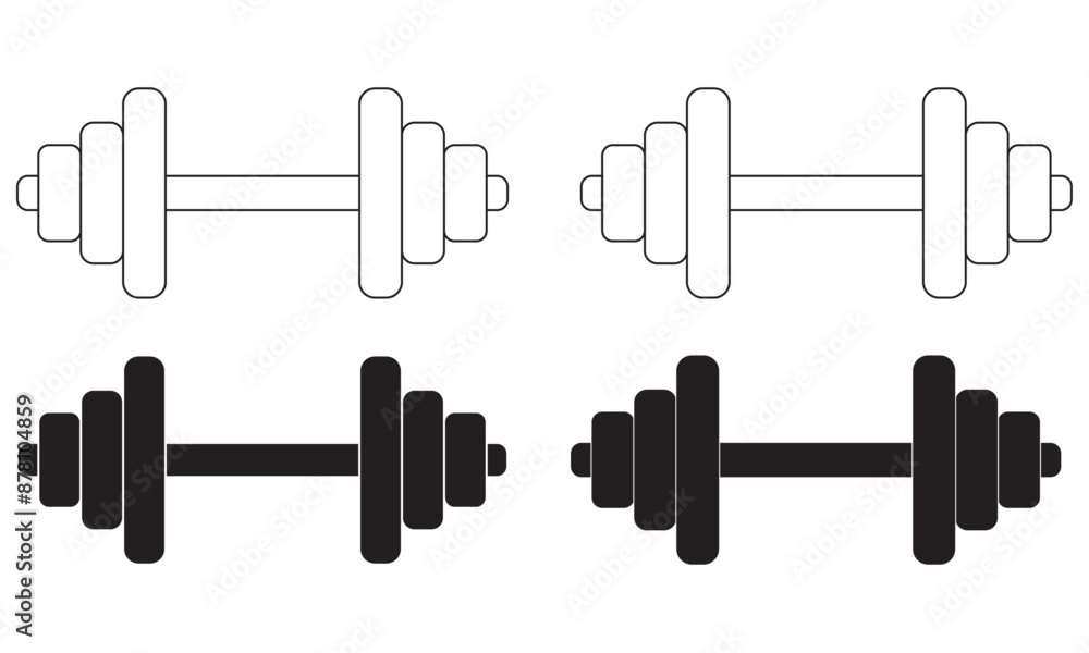 Weight training dumbbell bodybuilding equipment in black on white, white on black and black on transparent and knockout isolated on a white or transparent background Weight training dumbbell bodybuilding equipment in black on white, white on black and black on transparent and knockout isolated on a white or transparent background