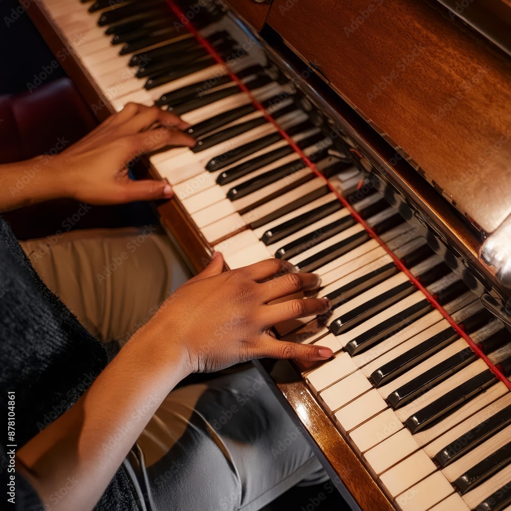 Fototapeta premium Piano Player - Playing the Piano during Concert or Christmas - Romantic Playing of the Piano - Black Grand Piano during a Performance - Classical Instrument in a Orchestra - Closeup of the Player Hand