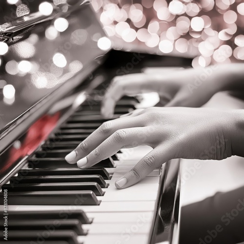 Piano Player - Playing the Piano during Concert or Christmas - Romantic Playing of the Piano - Black Grand Piano during a Performance - Classical Instrument in a Orchestra - Closeup of the Player Hand photo