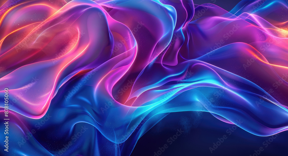 Obraz premium Futuristic trendy background with wavy airy texture of silk neon shiny blue purple fabric in the form of a wave on a dark background. Neon wave. Copy space. Banner