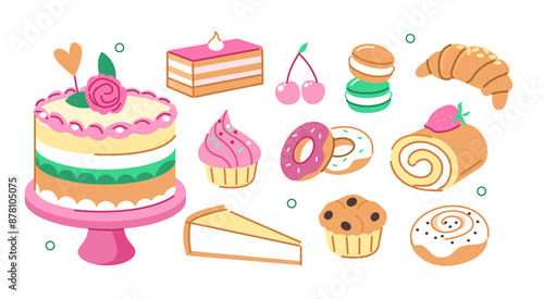 Various bakery and pastry set. Collections of cake, cupcake, croissant and other types of sweet pastry desserts. Vector illustration.
