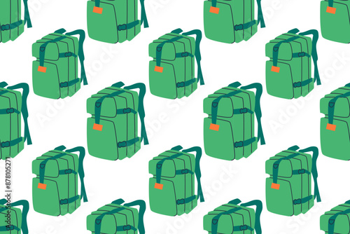 Travel cartoon pattern with flat colorful backpacks and rucksacks. Isolated elements, flat Style Accessory. Vector illustration. Seamless background for textile, Wrapping paper, Fabric.