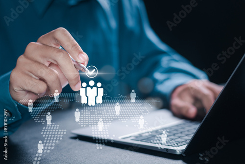 Fototapeta Naklejka Na Ścianę i Meble -  Businessmen search for information to expand their business and gain new customers on a global network. HR management, CRM, Customer service, Teamwork, HR recruitment.