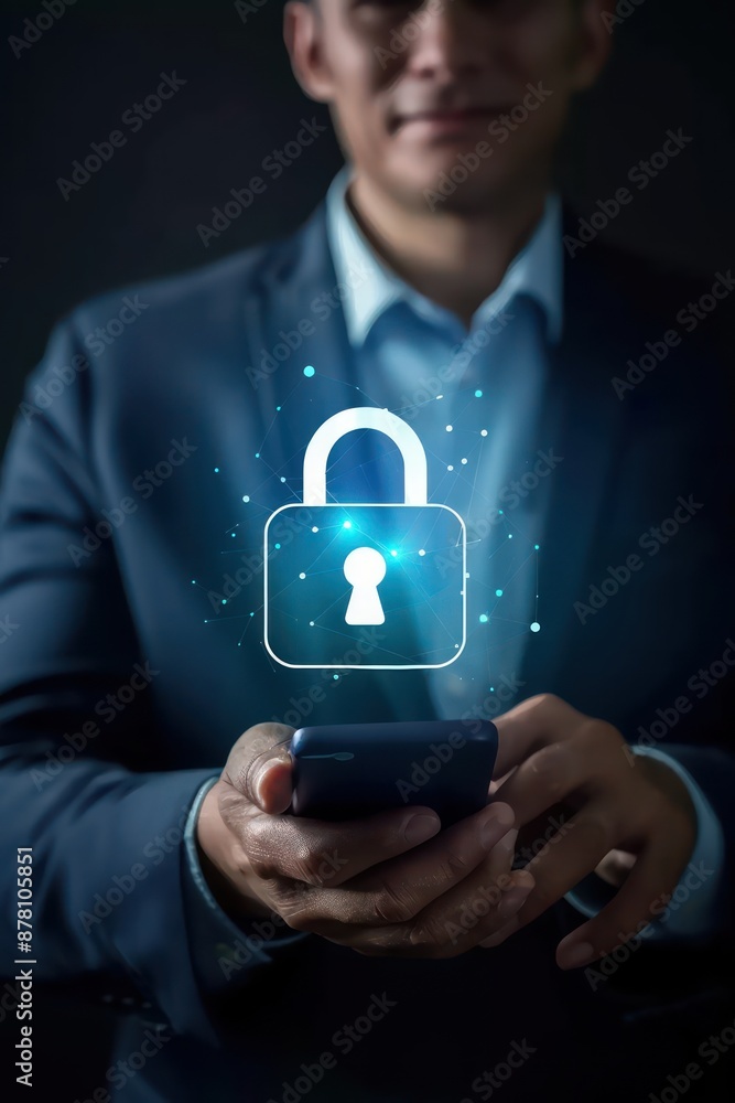 A businessman holding smartphone with security padlock icon on dark background illustrating digital security concept A businessman holding smartphone with security padlock icon on dark background illustrating digital security concept