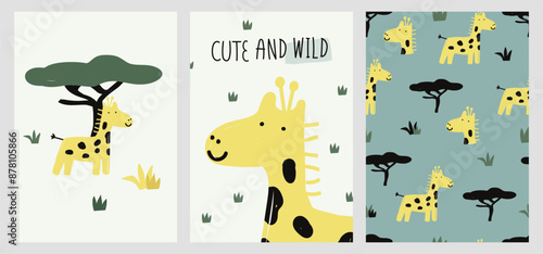 set of cards and seamless pattern animal with the hand drawn text. flat vector style. cute giraffe. Template for Notebook covers, pattern for wallpapers, textile. childish motifs, wildlife