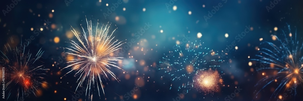 Fototapeta premium Fireworks Display Celebration,Happy New Year, Beautiful creative holiday background with fireworks and Sparkling