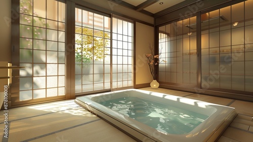 A serene bathroom with a Japanese soaking tub and sliding shoji screens for privacy