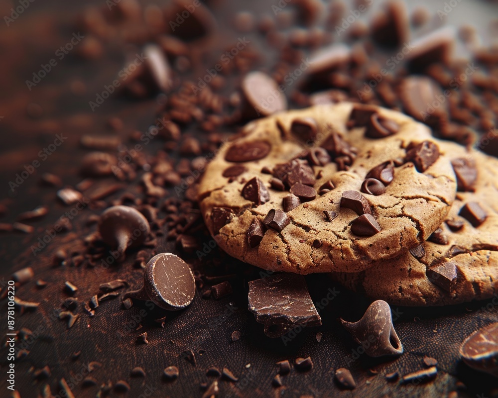Obraz premium Chocolate Chip Cookie. Delicious Baked Treat with Chocolate Chips on Brown Background