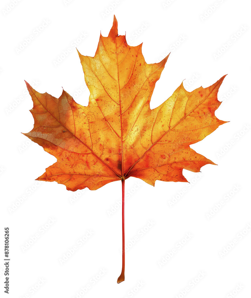 Single orange maple leaf against white background in autumn, cut out - stock png. Single orange maple leaf against white background in autumn, cut out - stock png.