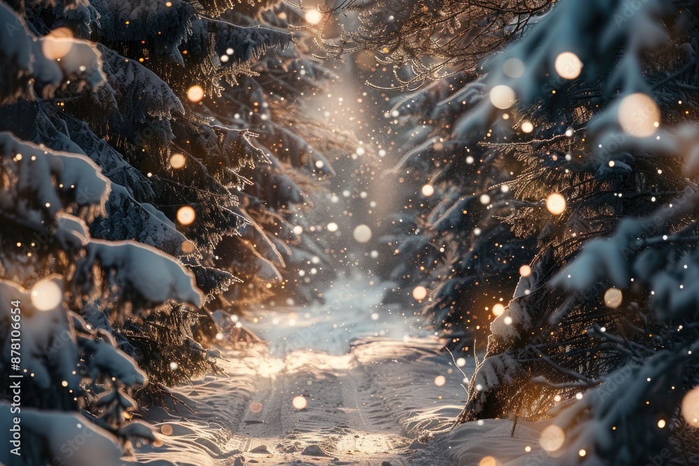 Christmas Forest. Winter Forest Scene with Glowing Snowflakes and Snowy Road Christmas Forest. Winter Forest Scene with Glowing Snowflakes and Snowy Road