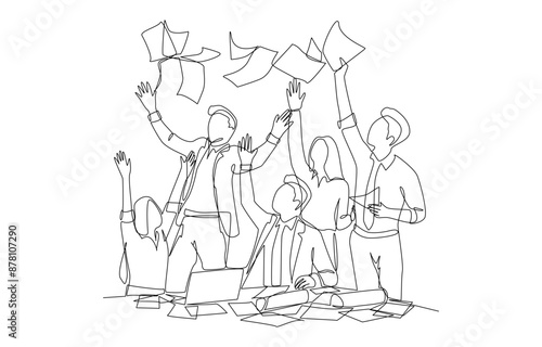 Continuous one line drawing of businesspeople throwing papers into the air to celebrate successful project, teamwork celebration concept, single line art.
