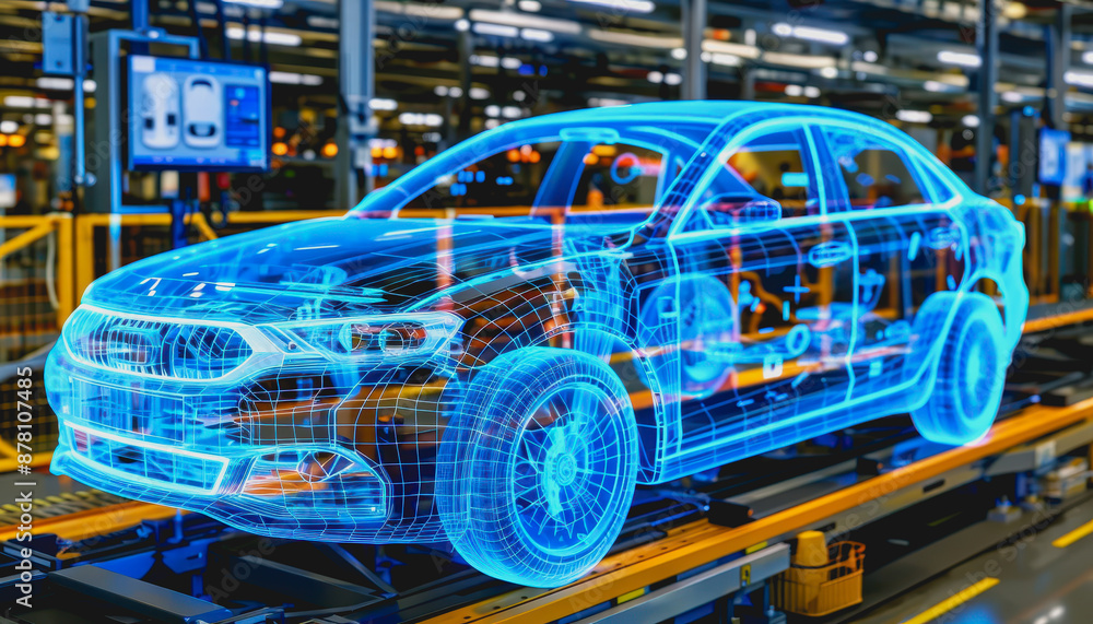 Fototapeta premium Futuristic car in high-tech lab with holographic displays