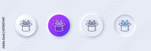 Hat-trick line icon. Neumorphic, Purple gradient, 3d pin buttons. Magic tricks with hat and rabbit sign. Illusionist show symbol. Line icons. Neumorphic buttons with outline signs. Vector