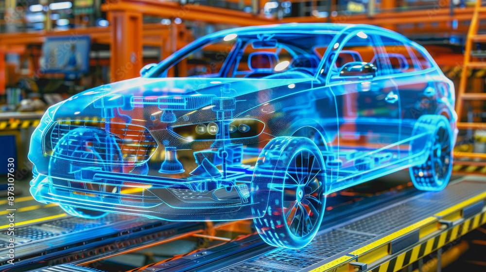 Futuristic car in high-tech lab with holographic displays Futuristic car in high-tech lab with holographic displays