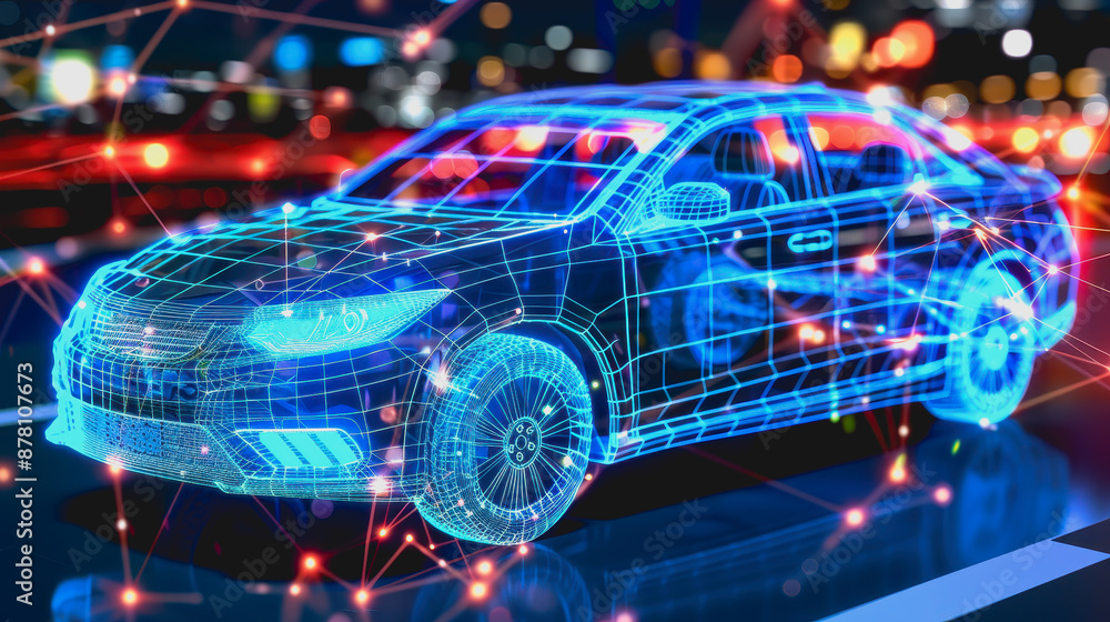 Futuristic car in high-tech lab with holographic displays Futuristic car in high-tech lab with holographic displays